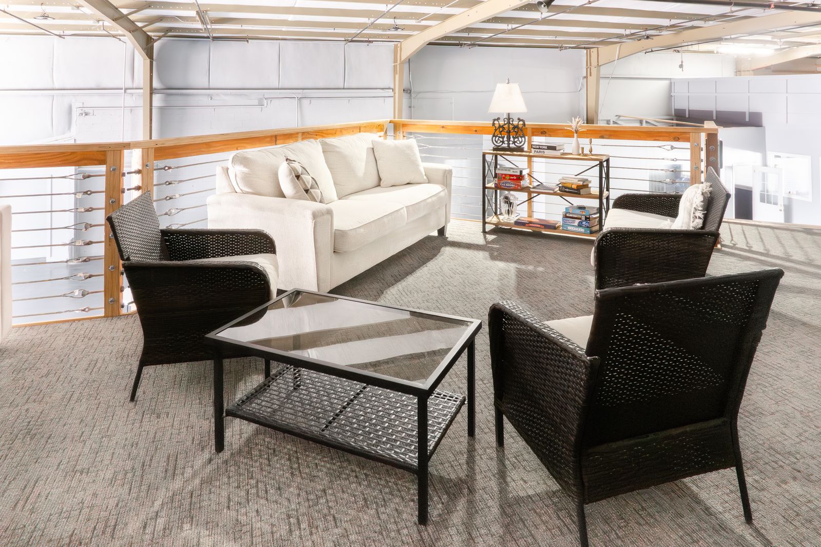 Armchairs and a coffee table vignette in the Loft